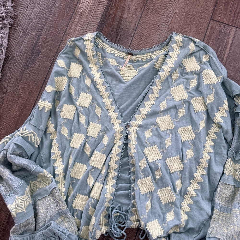 Free People Blue and Cream Geometric Blouse